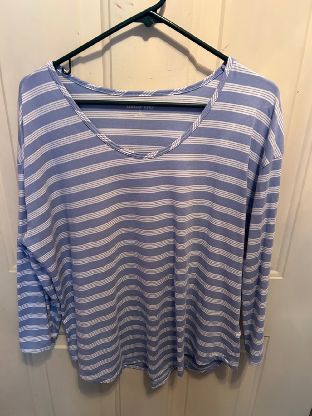 Lands' End Light Blue and White Striped Scoop Neck Top